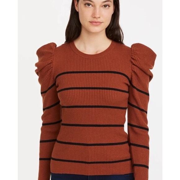 7 For All Mankind Sweaters - 7 for All Mankind Brown Striped Cashmere Blend Puff Shoulder Crew Neck Sweater